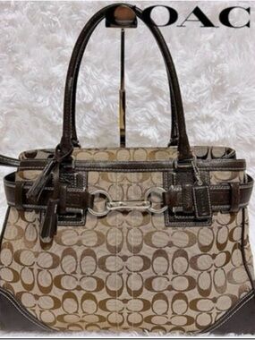 Vintage Coach Brown Signature Canvas Shoulder Tote with Horsebit Accent